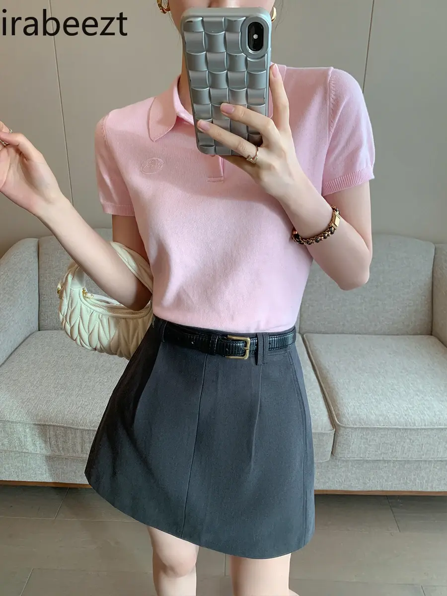 Pink Polo Knitted T-shirt Women Tops Short Sleeve Shirts 2025 New Spring Summer Shirt for Women Clothing