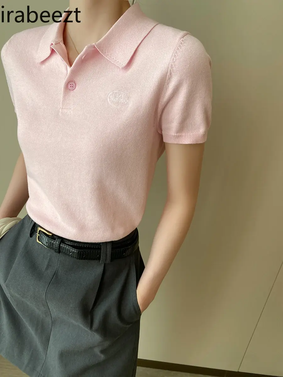 Pink Polo Knitted T-shirt Women Tops Short Sleeve Shirts 2025 New Spring Summer Shirt for Women Clothing