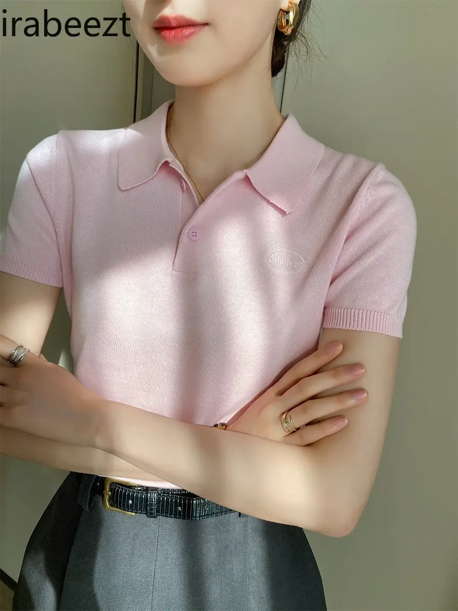 Pink Polo Knitted T-shirt Women Tops Short Sleeve Shirts 2025 New Spring Summer Shirt for Women Clothing