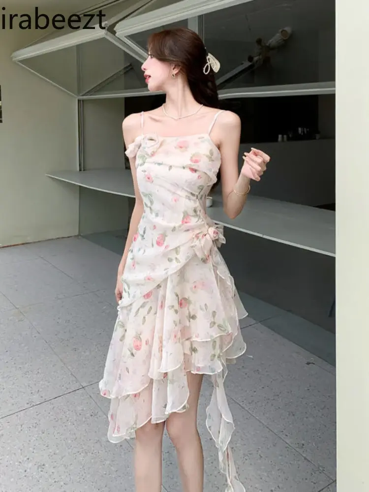 Female Senior Sense First Love Sexy Viscose Women Robe Niche Design Irregular Three-dimensional Flowers Floral Halter Dress