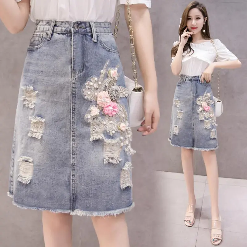 2024 Summer New Fashion Ripped Denim Skirt Package Hip One-step Mid-length Skirt Regulai Fit Faldas Escocesas De Mujer
