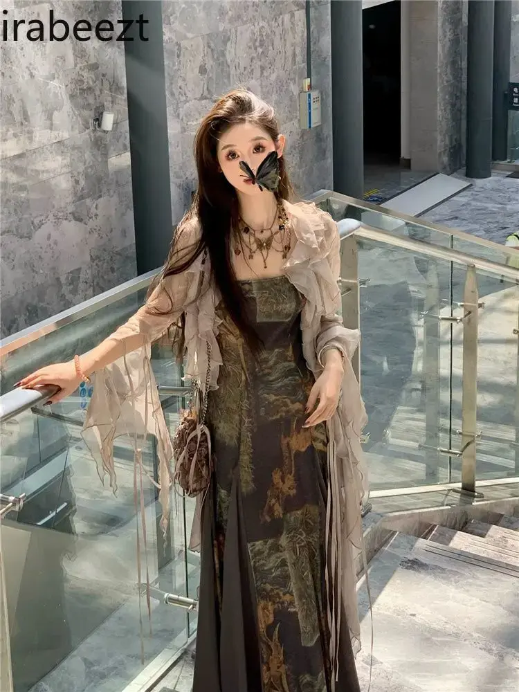 Chic Mesh Long Sleeve Cardigan Retro Chic Dress Two Piece Set Conjuntos Feminino Elegante Elegant 2Pcs Sets Clothes Woman