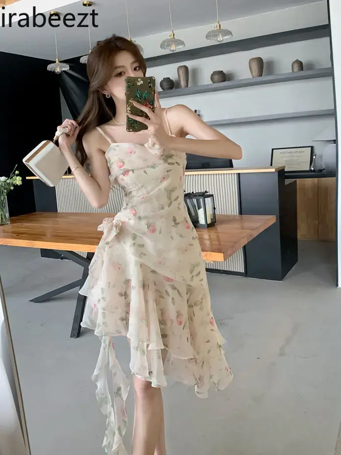 Female Senior Sense First Love Sexy Viscose Women Robe Niche Design Irregular Three-dimensional Flowers Floral Halter Dress