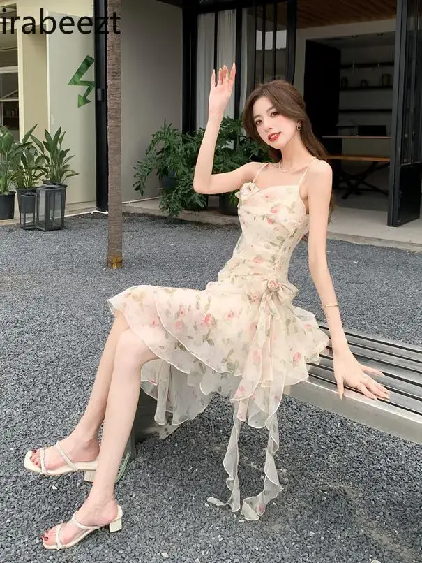 Female Senior Sense First Love Sexy Viscose Women Robe Niche Design Irregular Three-dimensional Flowers Floral Halter Dress