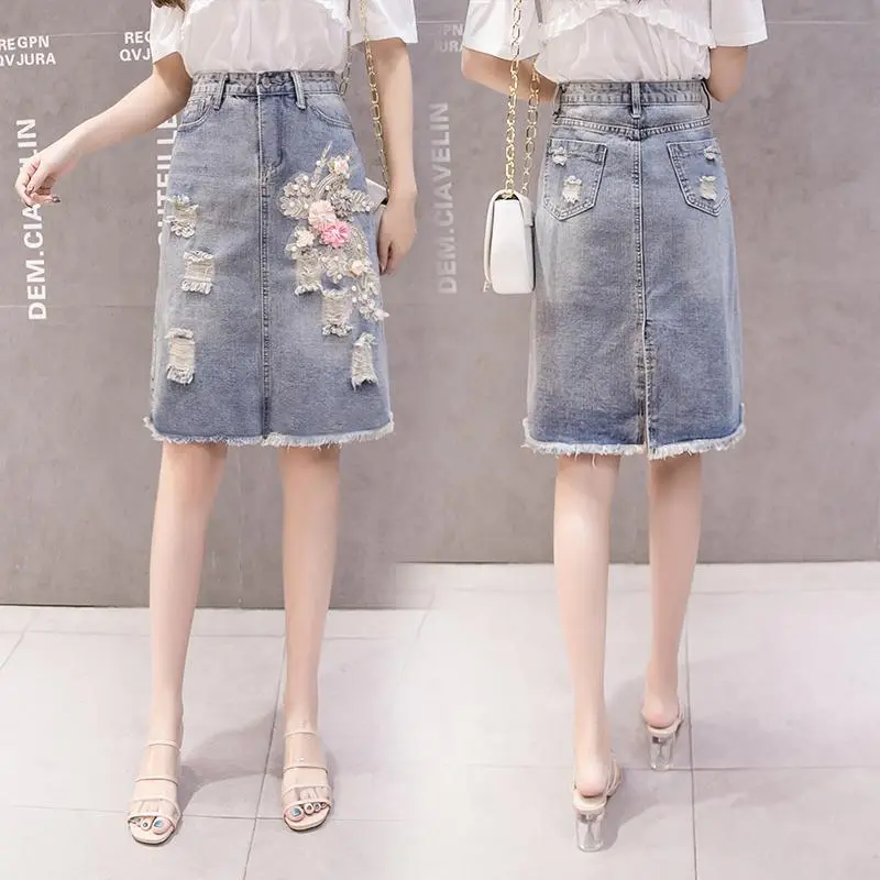 2024 Summer New Fashion Ripped Denim Skirt Package Hip One-step Mid-length Skirt Regulai Fit Faldas Escocesas De Mujer