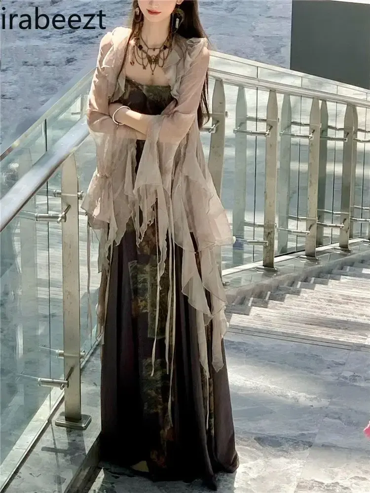 Chic Mesh Long Sleeve Cardigan Retro Chic Dress Two Piece Set Conjuntos Feminino Elegante Elegant 2Pcs Sets Clothes Woman