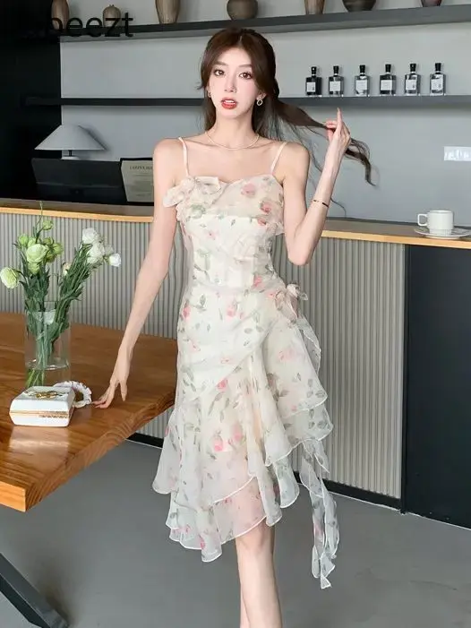 Female Senior Sense First Love Sexy Viscose Women Robe Niche Design Irregular Three-dimensional Flowers Floral Halter Dress