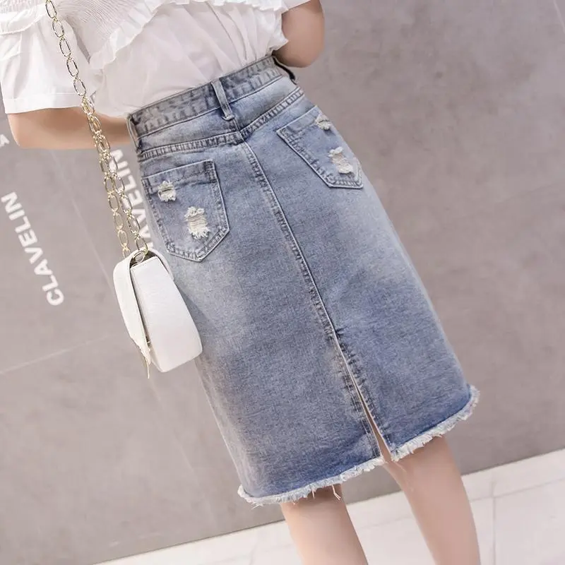 2024 Summer New Fashion Ripped Denim Skirt Package Hip One-step Mid-length Skirt Regulai Fit Faldas Escocesas De Mujer