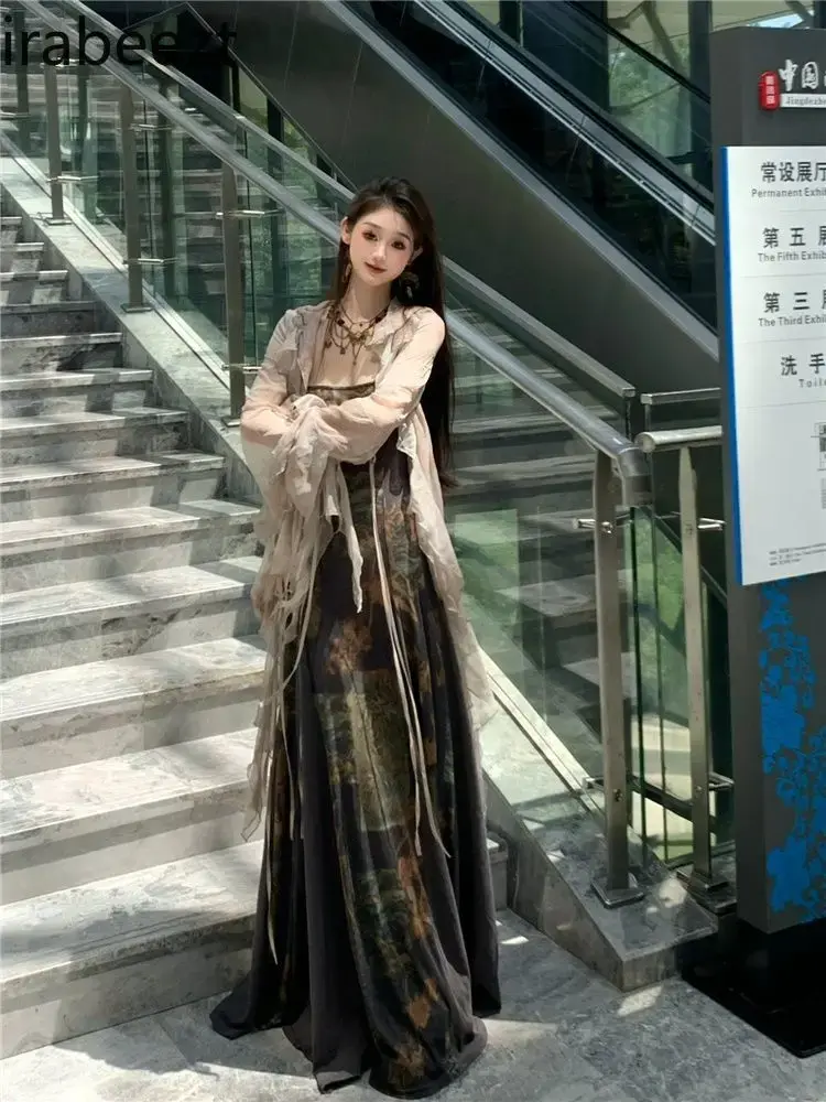 Chic Mesh Long Sleeve Cardigan Retro Chic Dress Two Piece Set Conjuntos Feminino Elegante Elegant 2Pcs Sets Clothes Woman