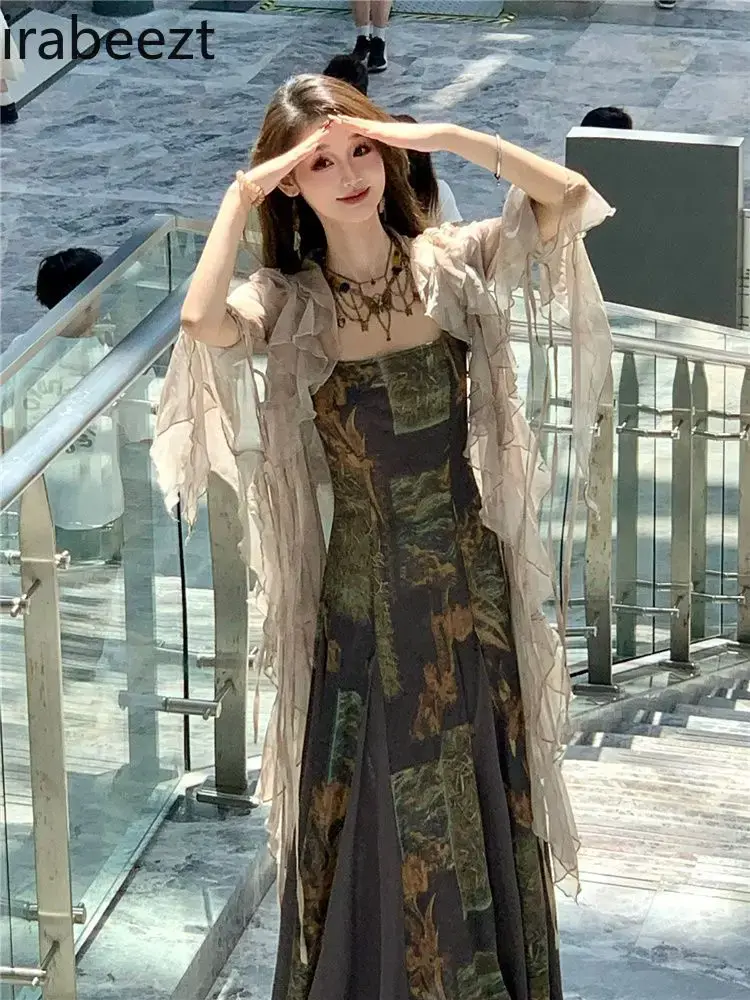 Chic Mesh Long Sleeve Cardigan Retro Chic Dress Two Piece Set Conjuntos Feminino Elegante Elegant 2Pcs Sets Clothes Woman