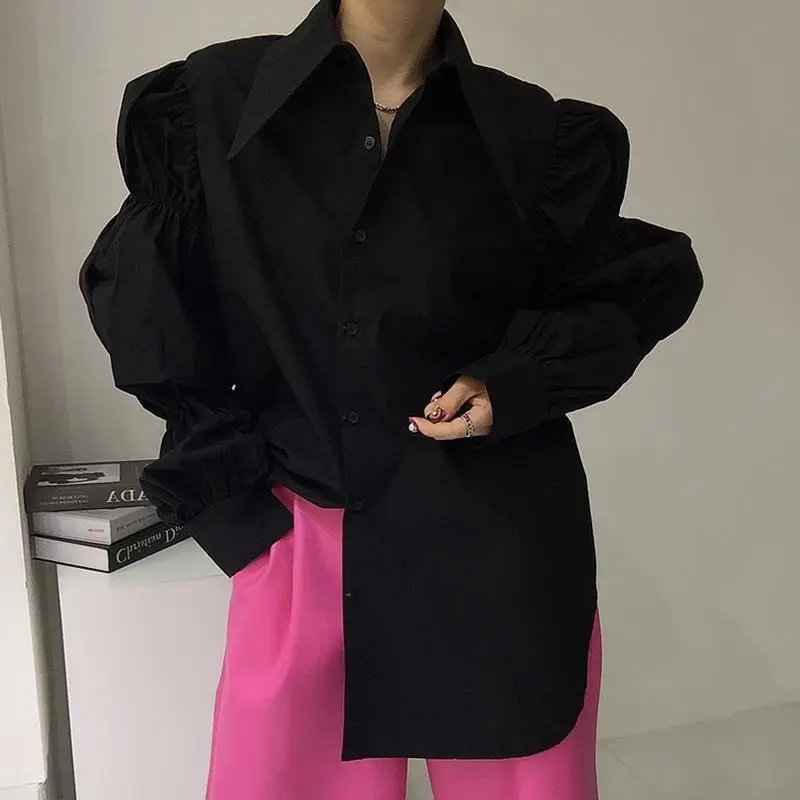 Irabeezt Retro  Style Shirts Solid Lapel Puff Sleeve Button Blouses Hip Hop High Street Chic Shirt Autumn Female Clothes