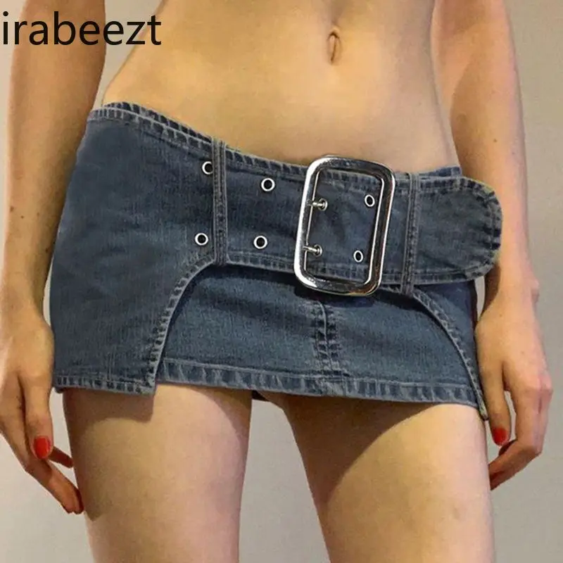 Women's Skirts Distressed Blue Low Waisted Metal Buckle Denim Miniskirt Vintage Fashion Trend Sexy Short Dresses Lady's Clothing