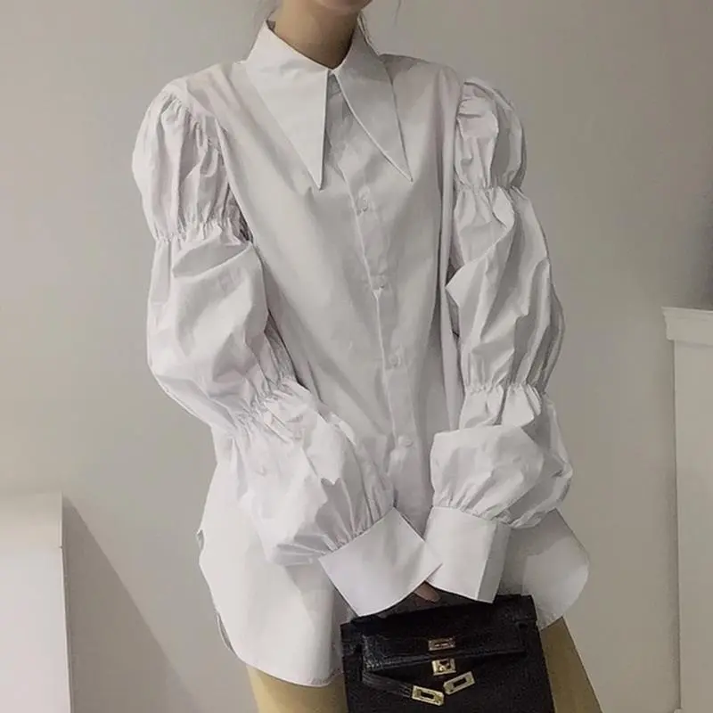 Irabeezt Retro  Style Shirts Solid Lapel Puff Sleeve Button Blouses Hip Hop High Street Chic Shirt Autumn Female Clothes