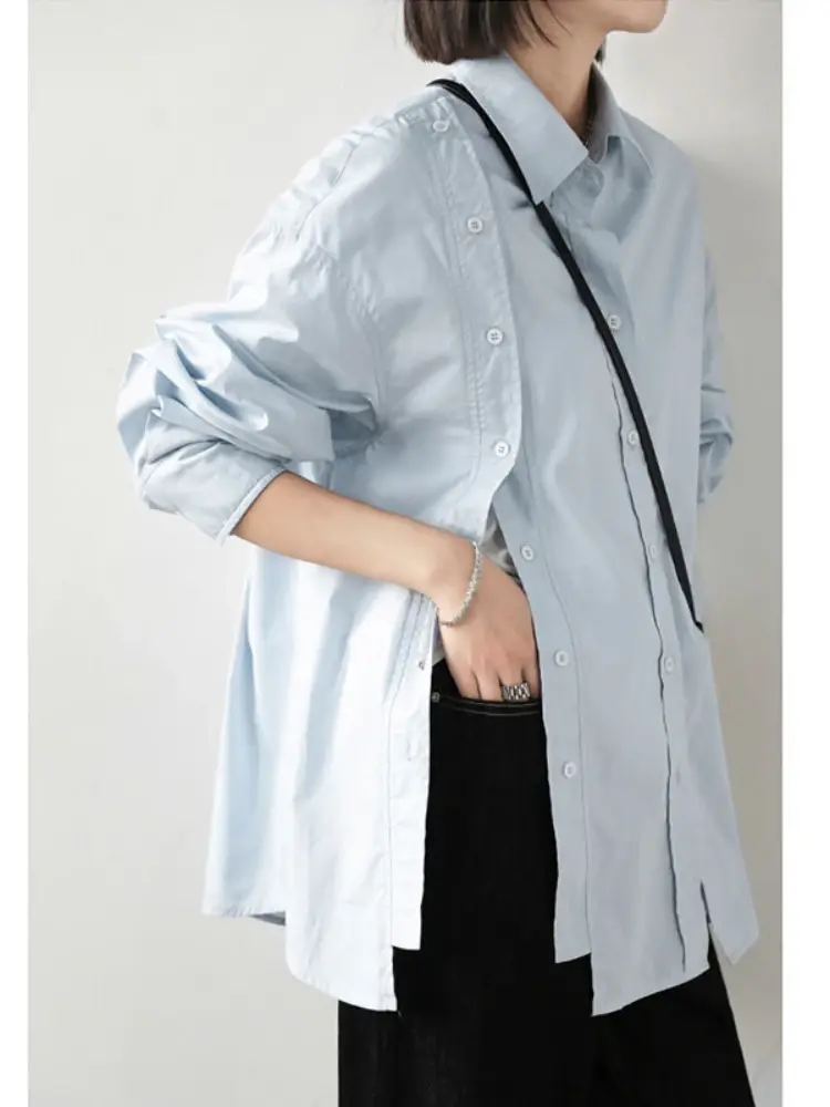Double Breasted Blouse Women Tops Loose Long Sleeves Chic Design Side Open Blouse Camisa Cuello Peter Pan Mujer