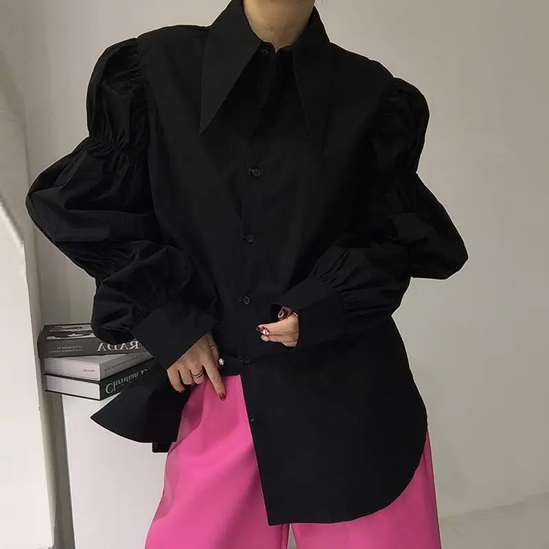 Irabeezt Retro  Style Shirts Solid Lapel Puff Sleeve Button Blouses Hip Hop High Street Chic Shirt Autumn Female Clothes