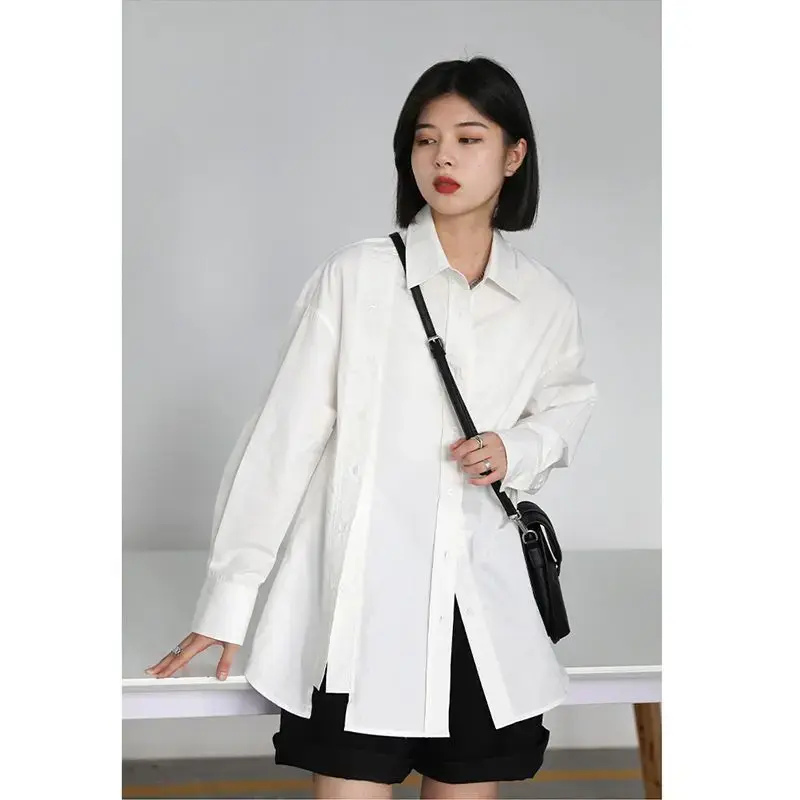 Double Breasted Blouse Women Tops Loose Long Sleeves Chic Design Side Open Blouse Camisa Cuello Peter Pan Mujer