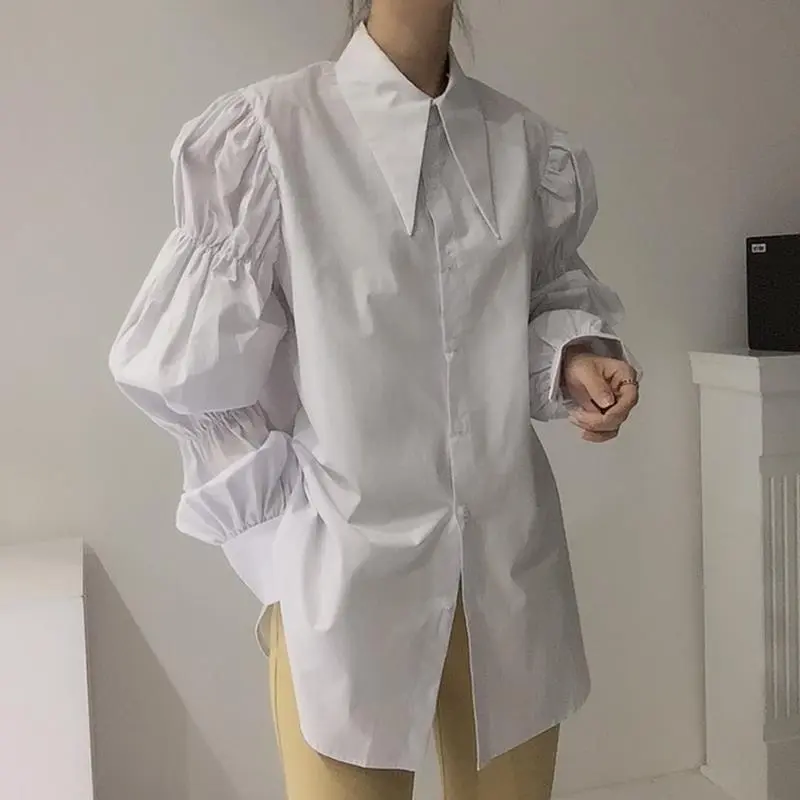 Irabeezt Retro  Style Shirts Solid Lapel Puff Sleeve Button Blouses Hip Hop High Street Chic Shirt Autumn Female Clothes