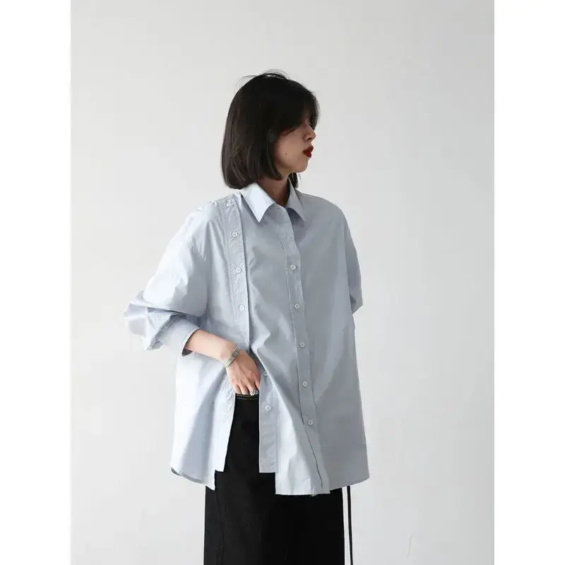 Double Breasted Blouse Women Tops Loose Long Sleeves Chic Design Side Open Blouse Camisa Cuello Peter Pan Mujer