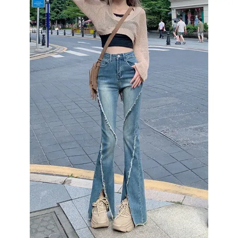 Irabeezt Micro Flare Women's Jeans Autumn High Waist Stretch Brown Wide Leg Pants Korean Style Pure Sexy Trousers Female Clothes