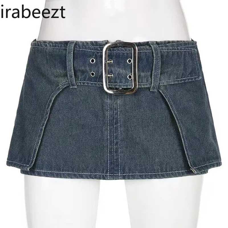 Women's Skirts Distressed Blue Low Waisted Metal Buckle Denim Miniskirt Vintage Fashion Trend Sexy Short Dresses Lady's Clothing