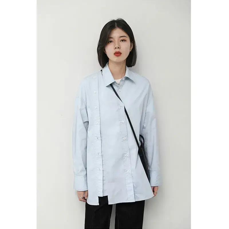 Double Breasted Blouse Women Tops Loose Long Sleeves Chic Design Side Open Blouse Camisa Cuello Peter Pan Mujer