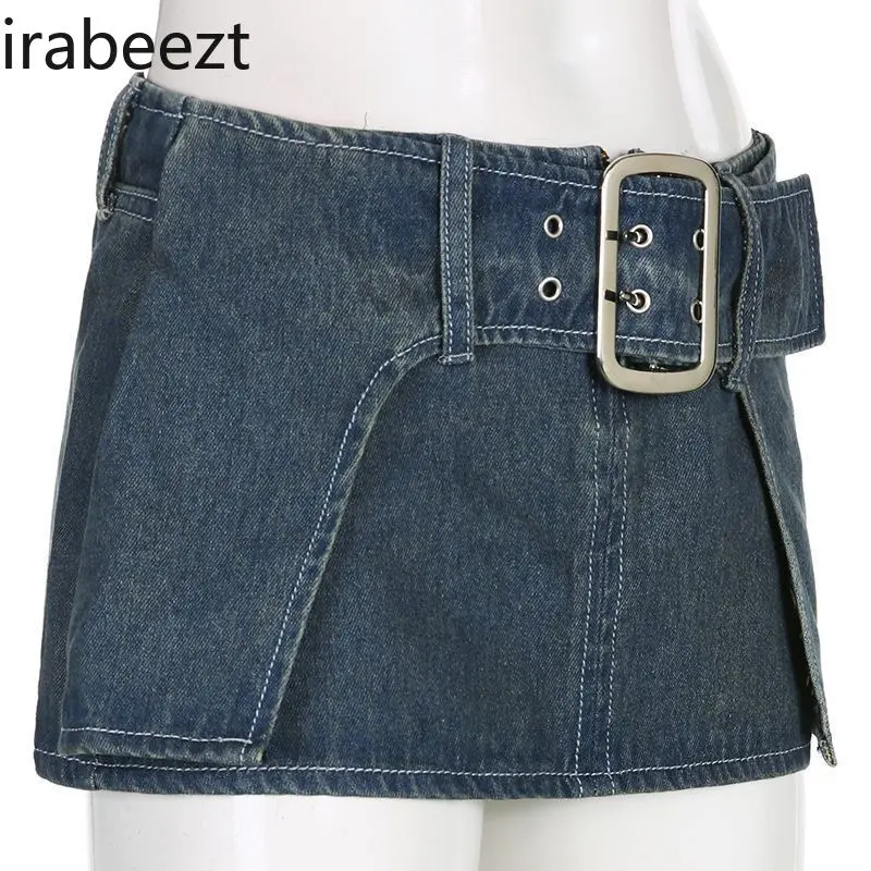 Women's Skirts Distressed Blue Low Waisted Metal Buckle Denim Miniskirt Vintage Fashion Trend Sexy Short Dresses Lady's Clothing