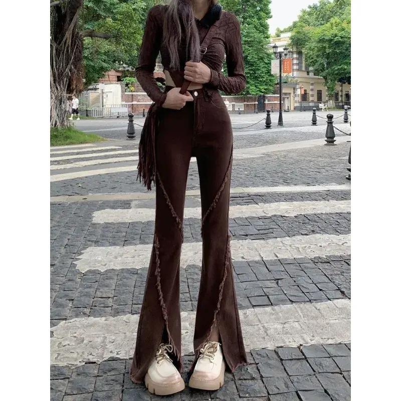 Irabeezt Micro Flare Women's Jeans Autumn High Waist Stretch Brown Wide Leg Pants Korean Style Pure Sexy Trousers Female Clothes