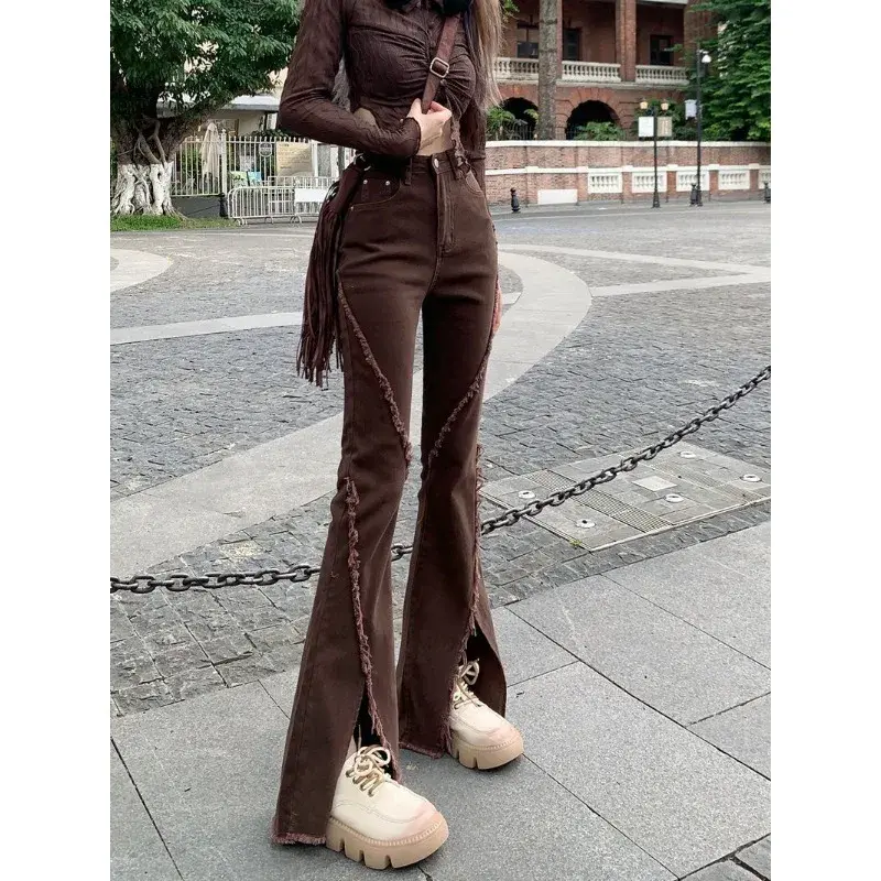 Irabeezt Micro Flare Women's Jeans Autumn High Waist Stretch Brown Wide Leg Pants Korean Style Pure Sexy Trousers Female Clothes