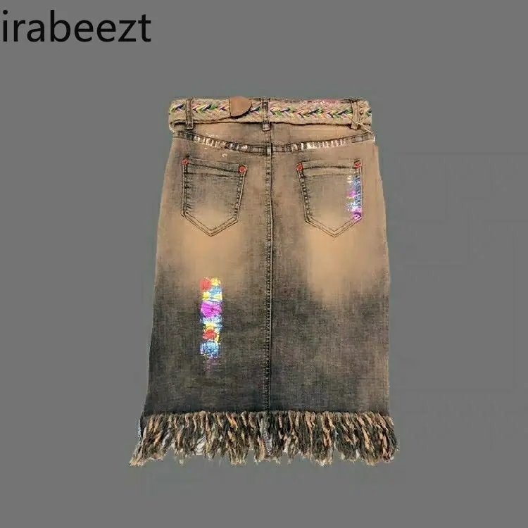 Summer 2025 New Style Fringed Denim Fashionable Printed Skirt Women's Body-hugging Irregular Mid-length Faldas Largas