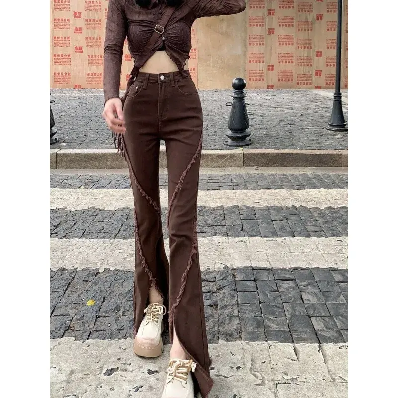 Irabeezt Micro Flare Women's Jeans Autumn High Waist Stretch Brown Wide Leg Pants Korean Style Pure Sexy Trousers Female Clothes