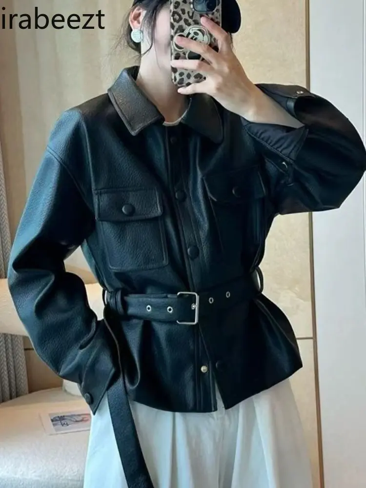 Polo Collar Belt Leather Coat Women Europe Station 2025 Spring New Sweet Cool Retro Biker Jacket Winter Clothes Women