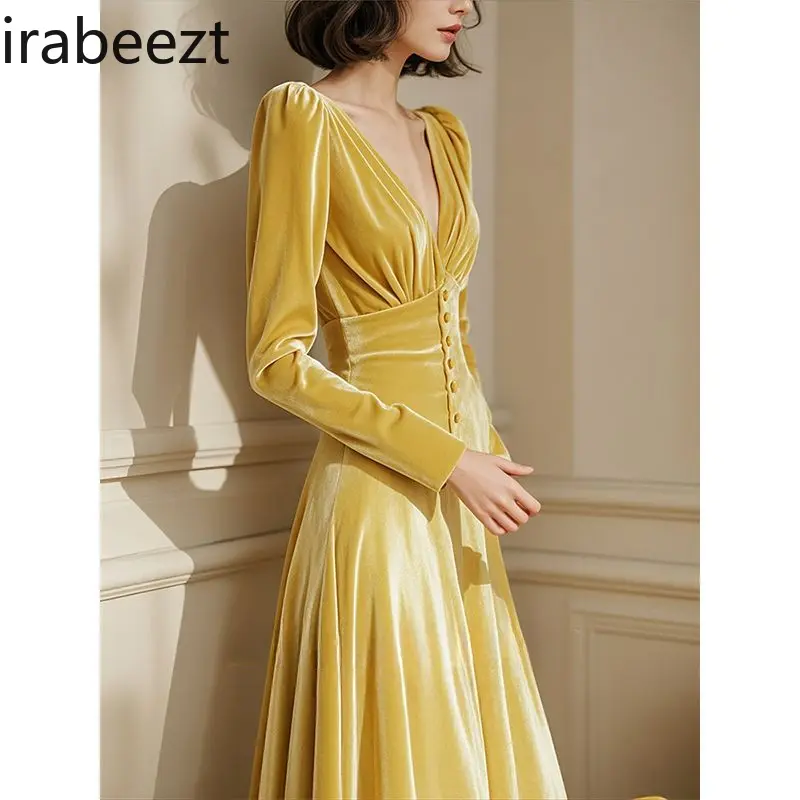 Autumn and Winter Yellow V-neck Velvet Robe High-end Elegant Waist-cinching Regulai Fit Long Dresses for Women
