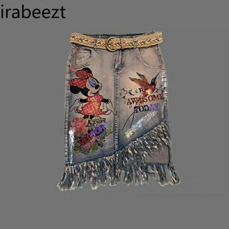 Summer 2025 New Style Fringed Denim Fashionable Printed Skirt Women's Body-hugging Irregular Mid-length Faldas Largas