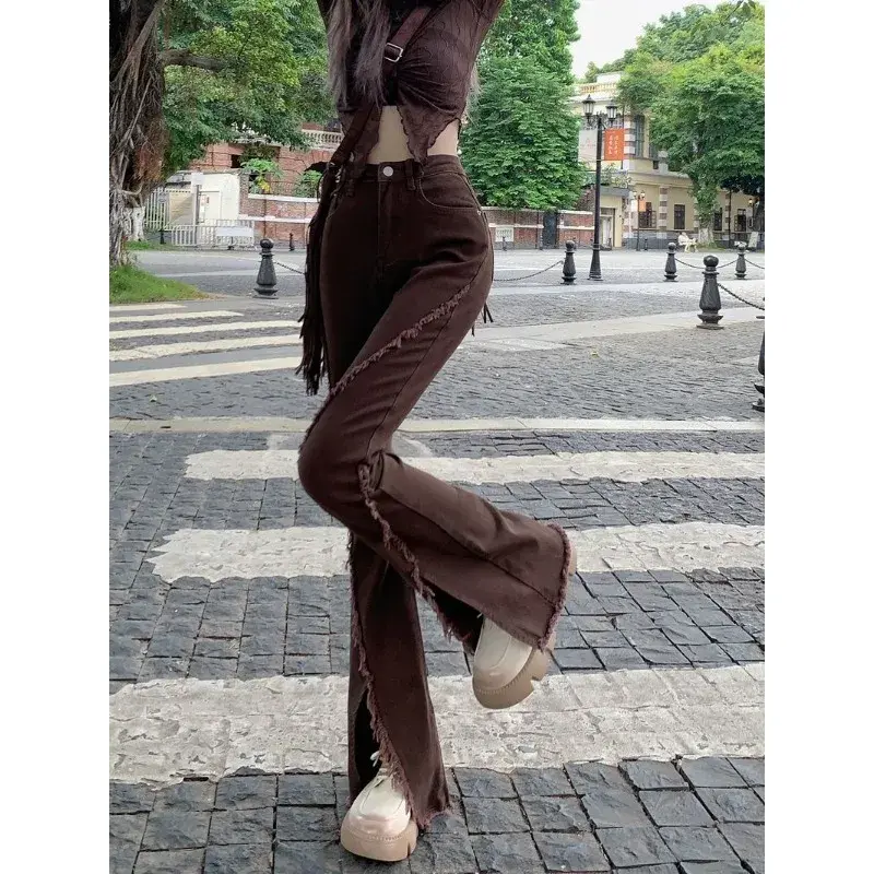 Irabeezt Micro Flare Women's Jeans Autumn High Waist Stretch Brown Wide Leg Pants Korean Style Pure Sexy Trousers Female Clothes