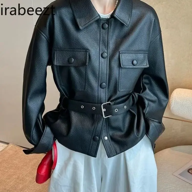 Polo Collar Belt Leather Coat Women Europe Station 2025 Spring New Sweet Cool Retro Biker Jacket Winter Clothes Women