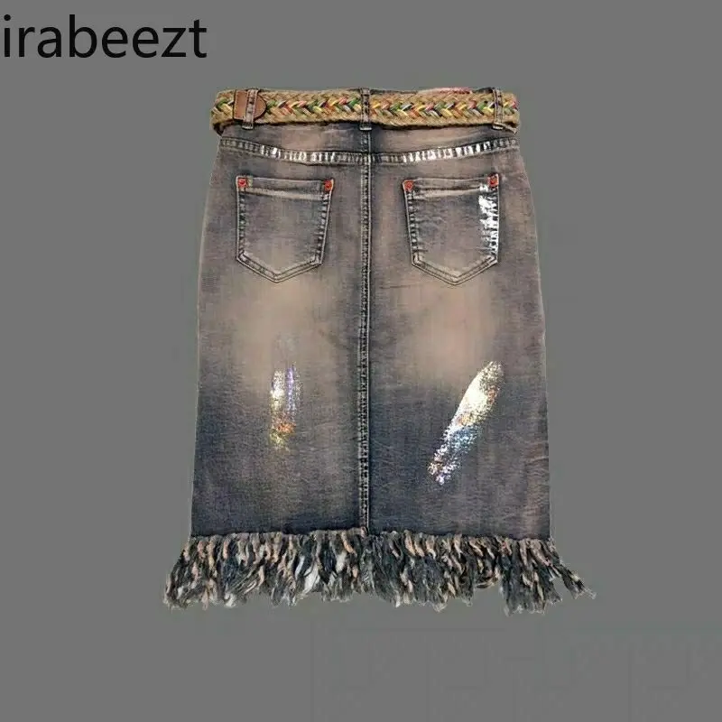 Summer 2025 New Style Fringed Denim Fashionable Printed Skirt Women's Body-hugging Irregular Mid-length Faldas Largas