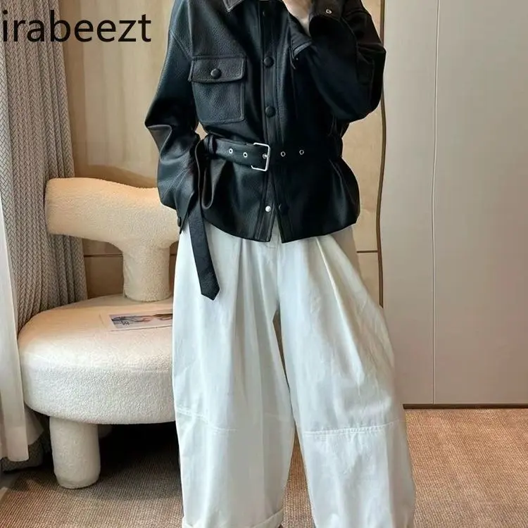 Polo Collar Belt Leather Coat Women Europe Station 2025 Spring New Sweet Cool Retro Biker Jacket Winter Clothes Women