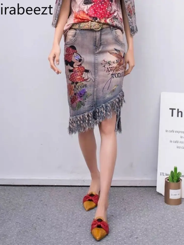 Summer 2025 New Style Fringed Denim Fashionable Printed Skirt Women's Body-hugging Irregular Mid-length Faldas Largas