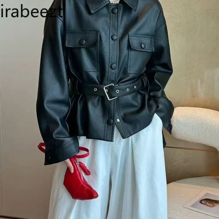 Polo Collar Belt Leather Coat Women Europe Station 2025 Spring New Sweet Cool Retro Biker Jacket Winter Clothes Women