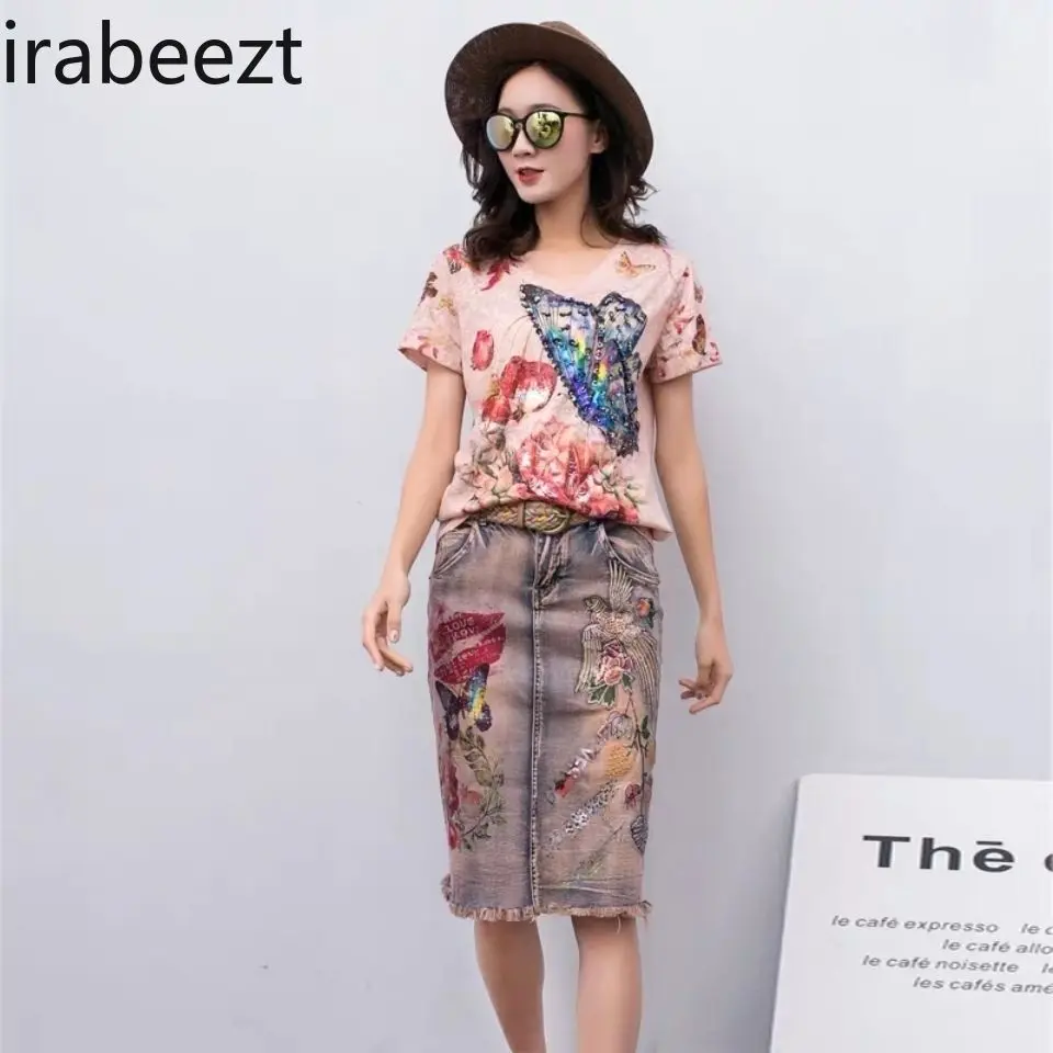 Summer 2025 New Style Fringed Denim Fashionable Printed Skirt Women's Body-hugging Irregular Mid-length Faldas Largas