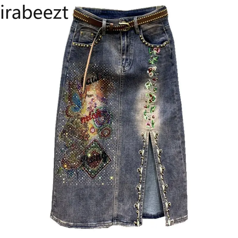 2024 Autumn New Style Denim Skirt Trendy Printing Diamond Inlaid Beaded Embroidery Skirt for Women Falda Sexy Mujer