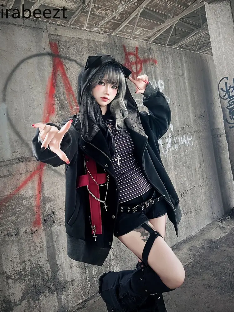Subculture Sweet Spice Millennial Punk Dark Chain Cross Plus Fleece Cat Ear Coat Hoodie Coat Sudaderas Para Mujer