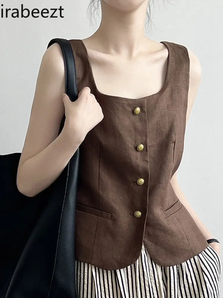 Retro Style Linen Women Summer Thin Suit Vest Outer Wear Short Square Collar Sleeveless Top Желетка Женская Waistcoat