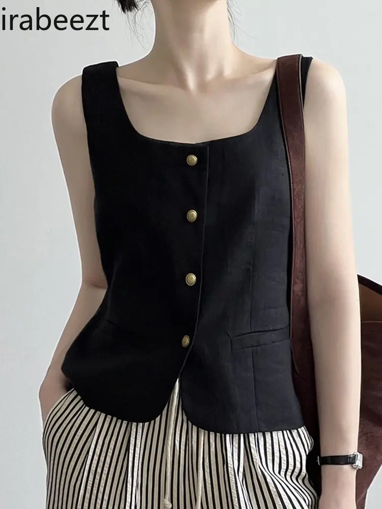Retro Style Linen Women Summer Thin Suit Vest Outer Wear Short Square Collar Sleeveless Top Желетка Женская Waistcoat