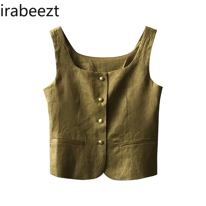 Retro Style Linen Women Summer Thin Suit Vest Outer Wear Short Square Collar Sleeveless Top Желетка Женская Waistcoat