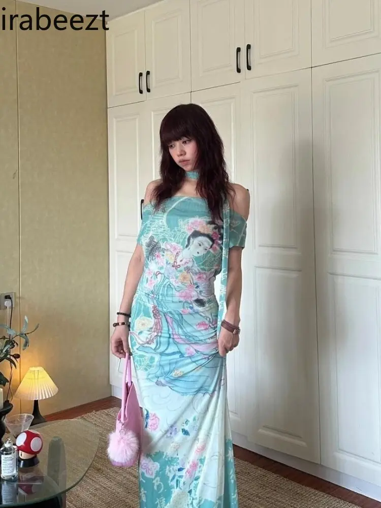 Spring and Summer Monet Garden New Chinese Style Flower and Bird Print Long Robe One Shoulder Fishtailmesh Elastic Dress