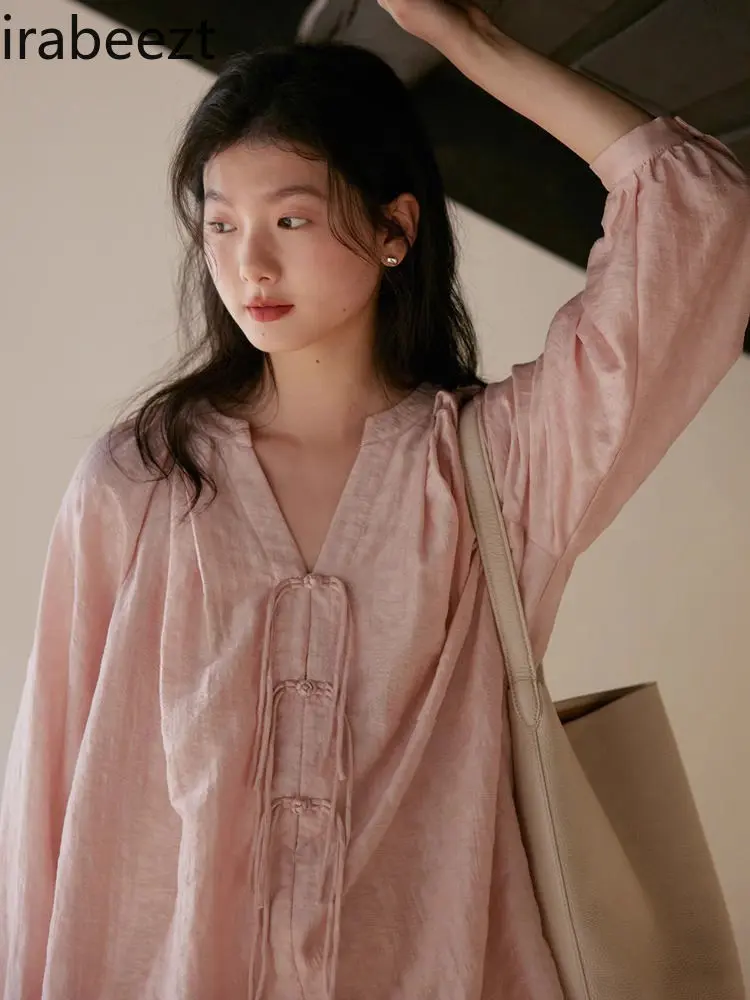 Chinese Style Boho Tencel Two-Piece Set Loose-Fit Silky Blouse with Button Details High-Waist Shorts Summer Outfit for Women