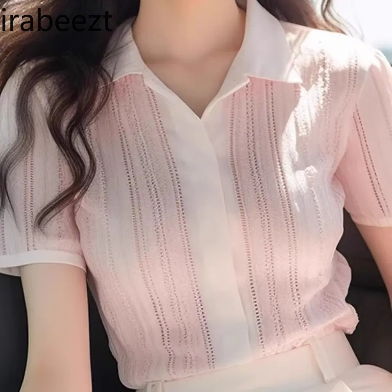 French polo collar pink short-sleeved ladies design niche summer new unique and chic slim fit top knitted blouse women