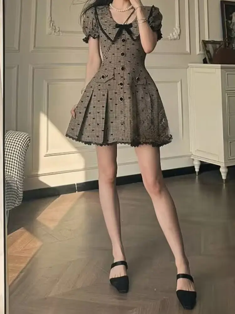 Doll Collar Pink Sweet Dress for Women Stylish Age-reducing Waist Diamond French Puff Sleeve Summer Clothing for Women