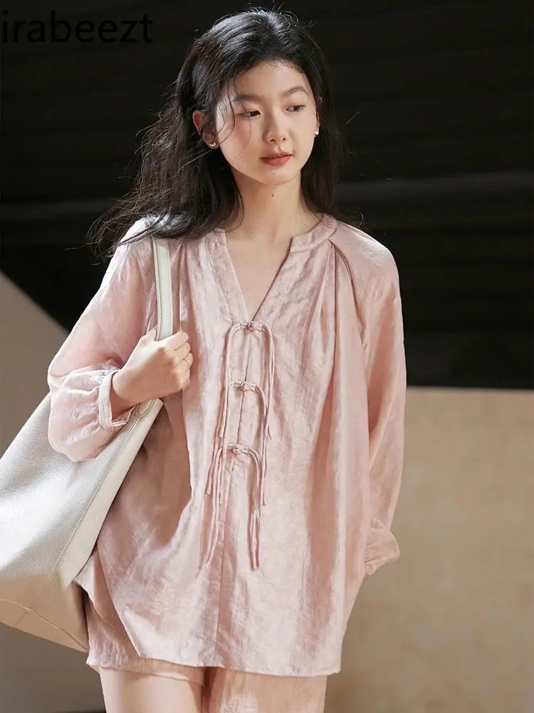 Chinese Style Boho Tencel Two-Piece Set Loose-Fit Silky Blouse with Button Details High-Waist Shorts Summer Outfit for Women